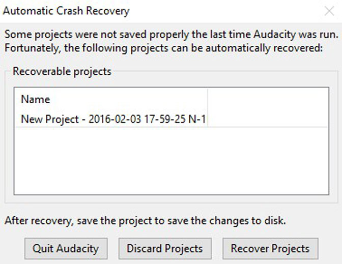 Audacity automatic crash recovery