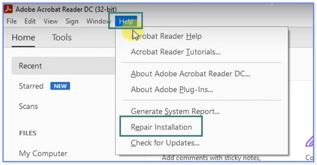 Click the Help button again and choose the Repair Installation button