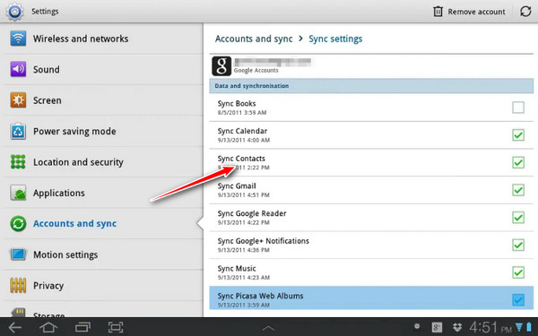 taping the Accounts and Sync option