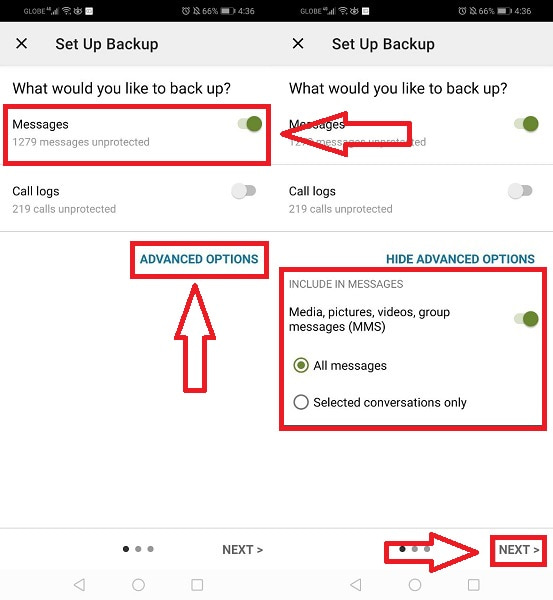 sms backup and restore advanced option
