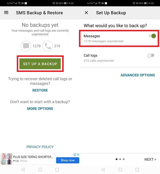 sms backup and restore set up