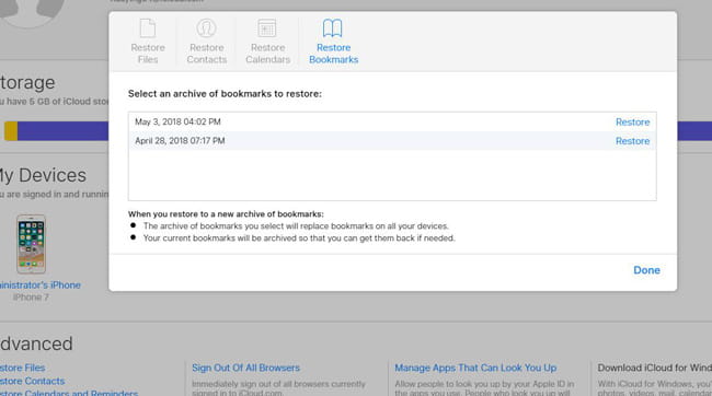 recover bookmarks from icloud website