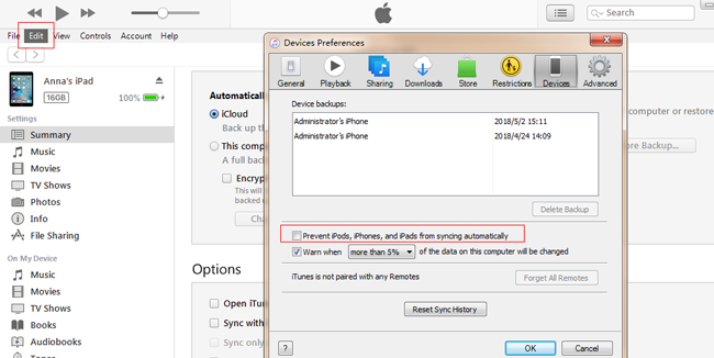 prevent ios device from syncing automatically