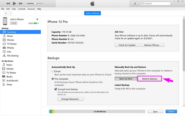 Restore iPhone Backup on iTunes