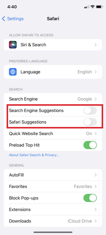 Disable Safari Suggestions Features