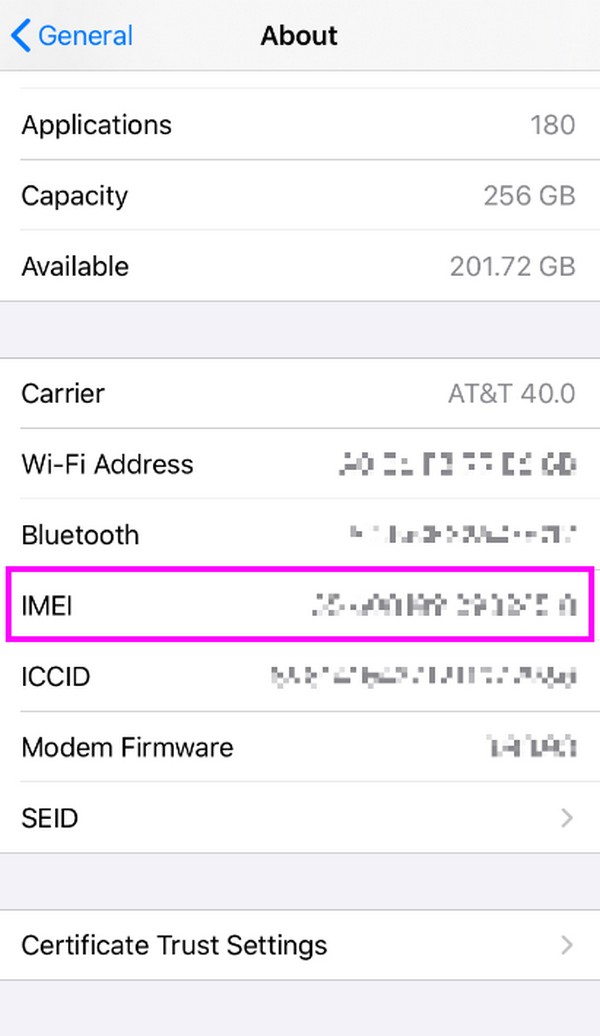 find imei on iphone settings