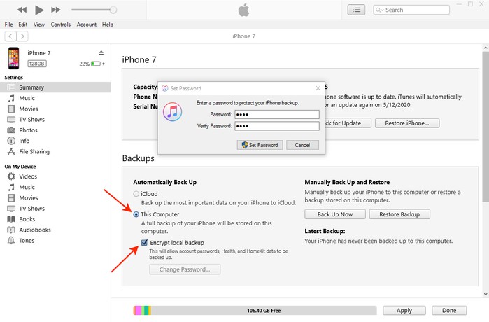 create itunes backup with password
