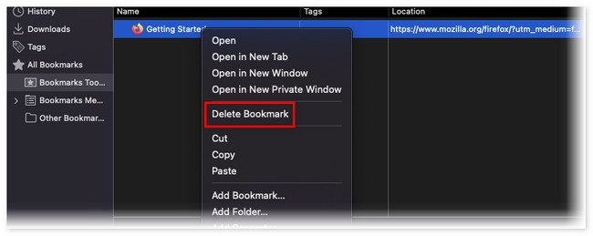 click delete bookmark button