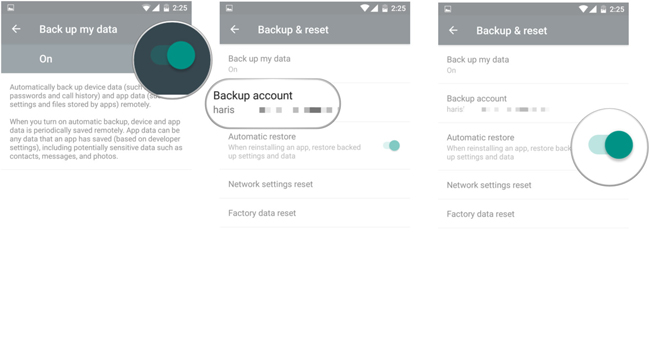 aktivera android backup och återställning