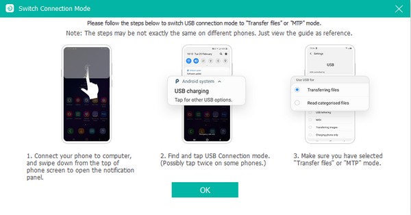 sørg for at USB-alternativet på Android-telefonen din er i Overfør filer-modus