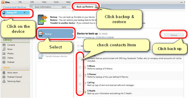 how to backup Samsung contacts to a PC using Samsung Kies