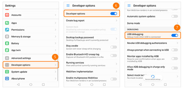 Huawei'de USB hata ayıklamayı aç / kapat