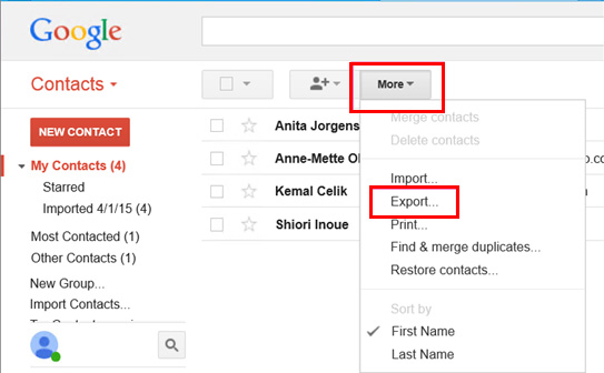 Exportação Google Contacts