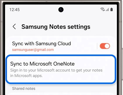 Samsung Notes settings - Sync to Microsoft OneNote