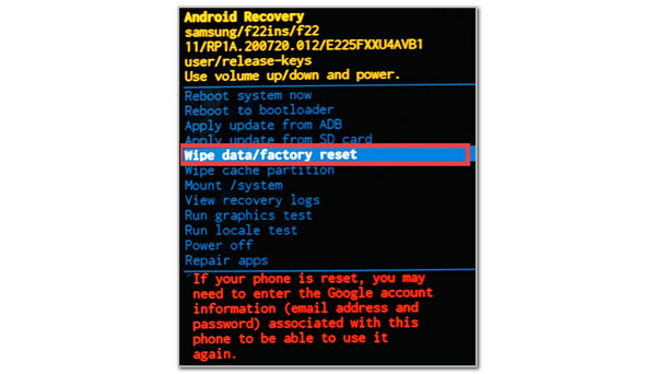 select wipe data factory reset