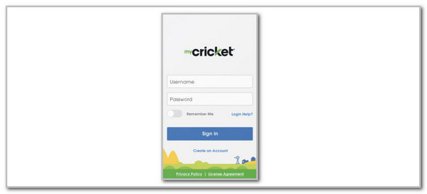 sign in interface of mycricket