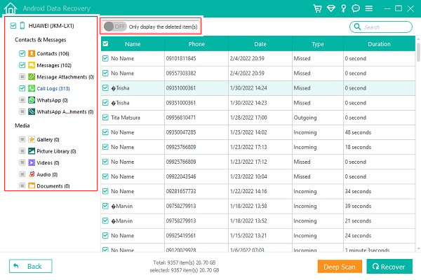 elija los archivos de datos que desea recuperar