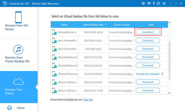 sélectionner un fichier de sauvegarde iCloud