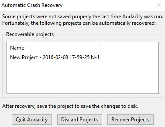 Recuperación automática de fallos de Audacity