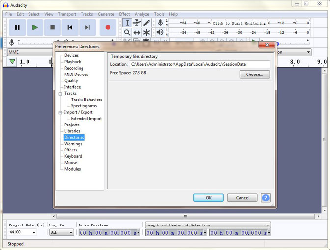 Audacity preferences directories interface