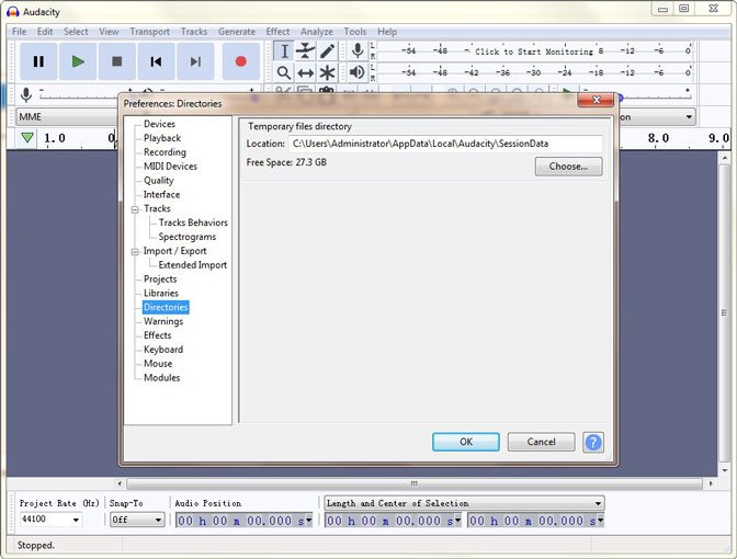 Interfaccia delle directory delle preferenze di Audacity