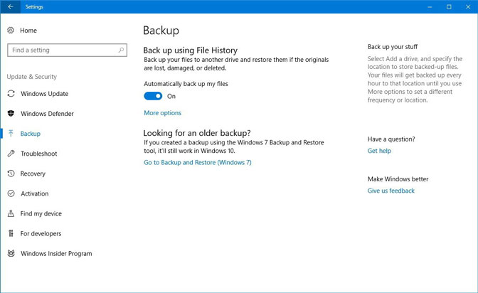 backup filhistorik indstillinger windows10