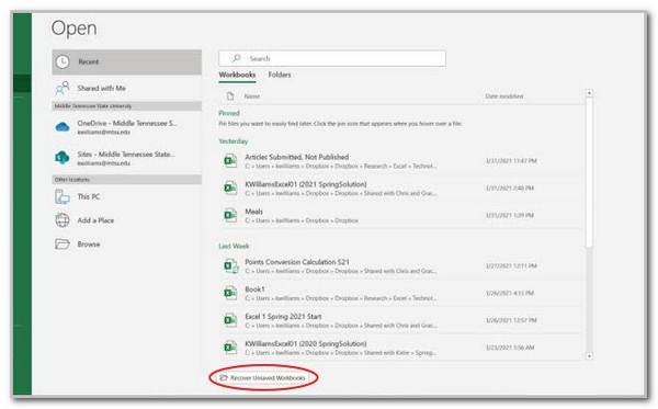 Click Recover Unsaved Workbook Button