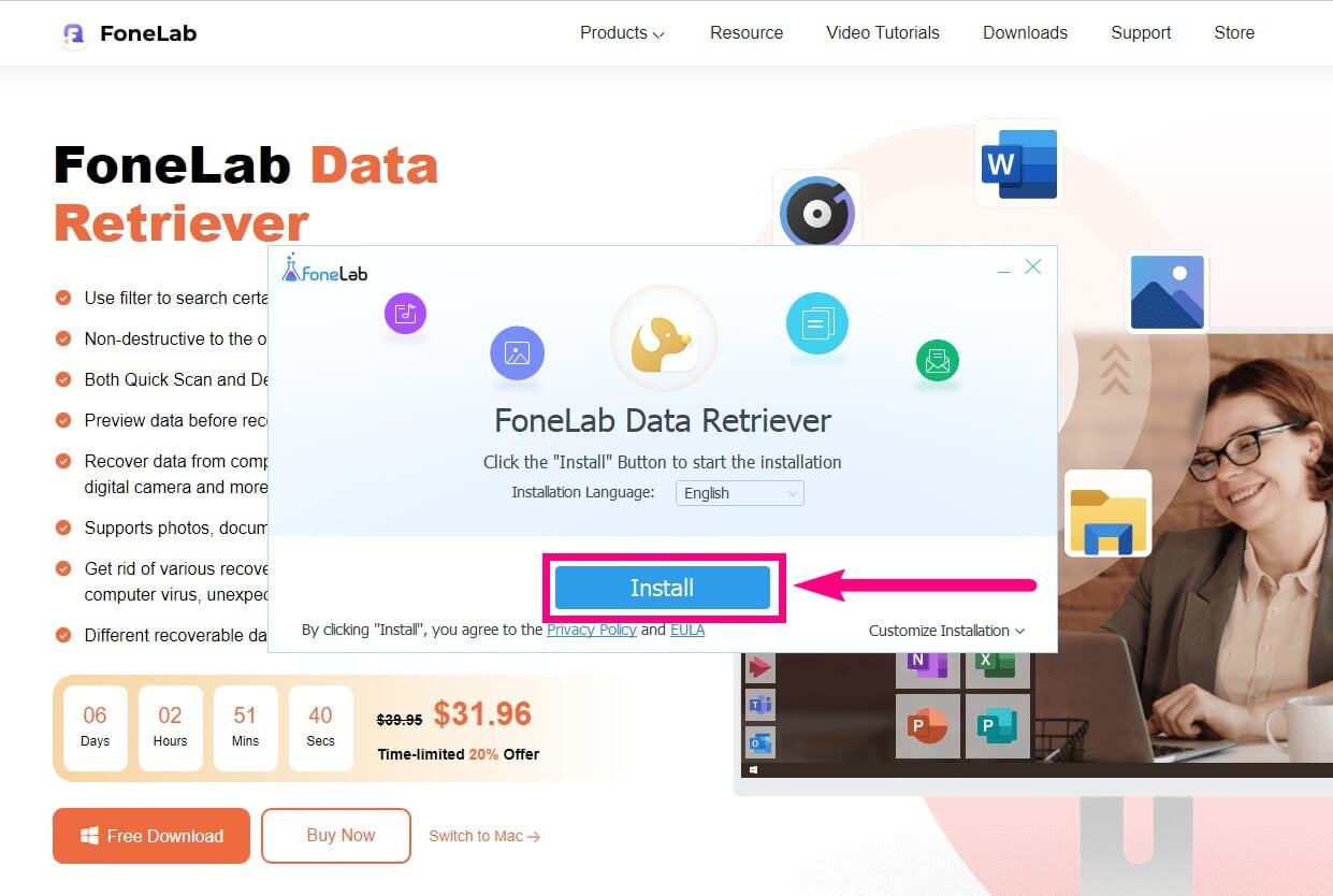 Acesse o site oficial do FoneLab Data Retriever