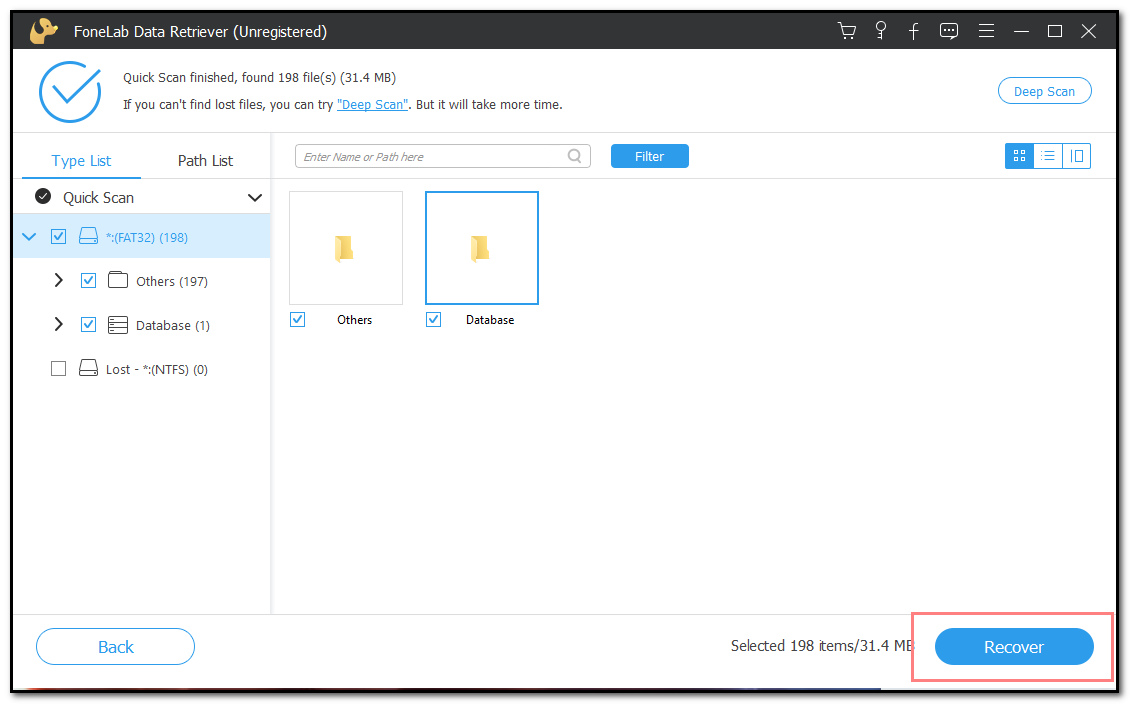 Select the files or data that you want to recover