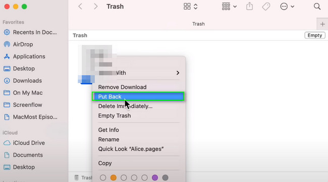 select the Put Back or Restore option