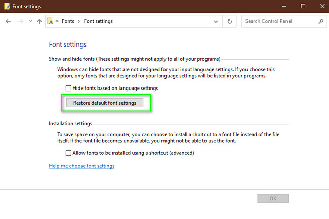 click Restore Default Font Settings