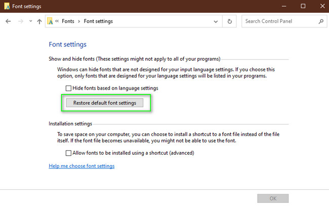 haga clic en Restaurar configuración de fuente predeterminada