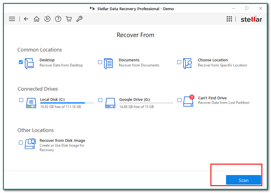 Click on the correct location of the data or file you want to recover