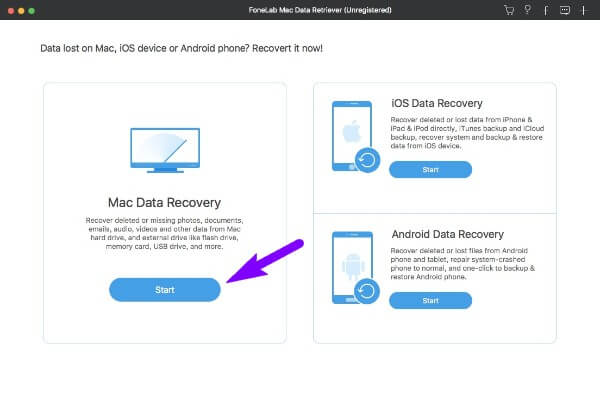 單擊 Mac Data Recovery 下面的開始選項卡