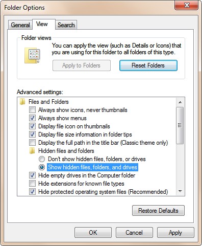 Hidden Files View Advanced setting