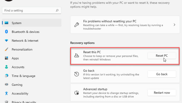 Resetting Via Windows 11 Settings
