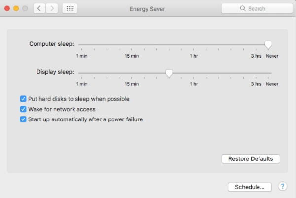 управлять настройками сохранения Mac Energt