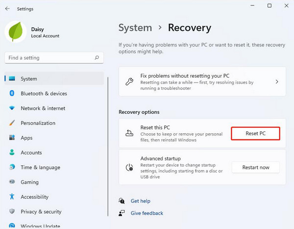 Click Reset Pc Button