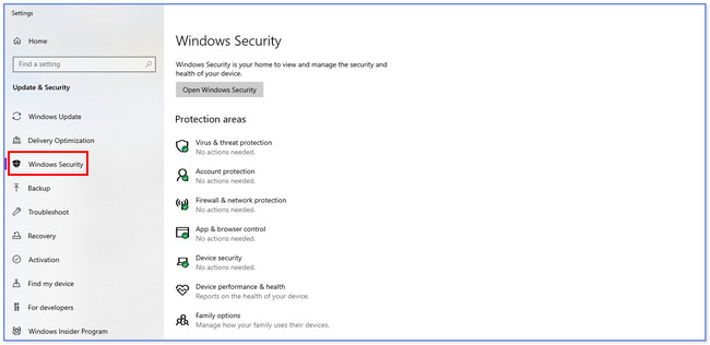 PC設定のWindowsセキュリティボタンをクリックします