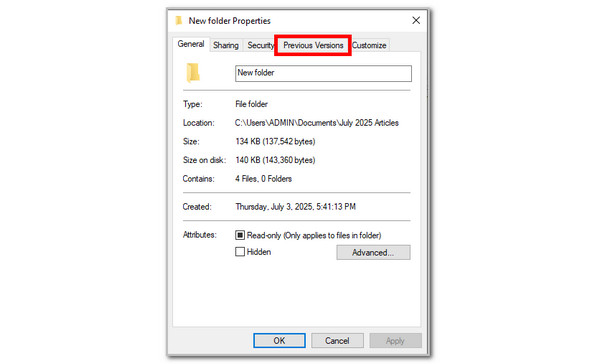 Click Previous Versions Button