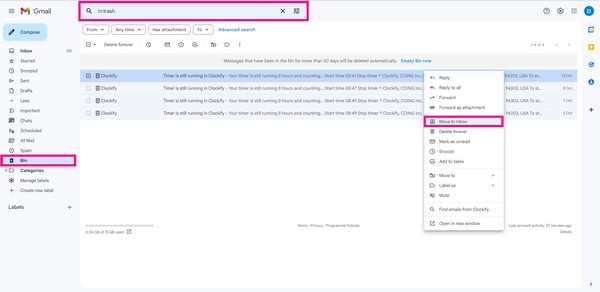 Восстановить удаленные электронные письма из корзины Gmail