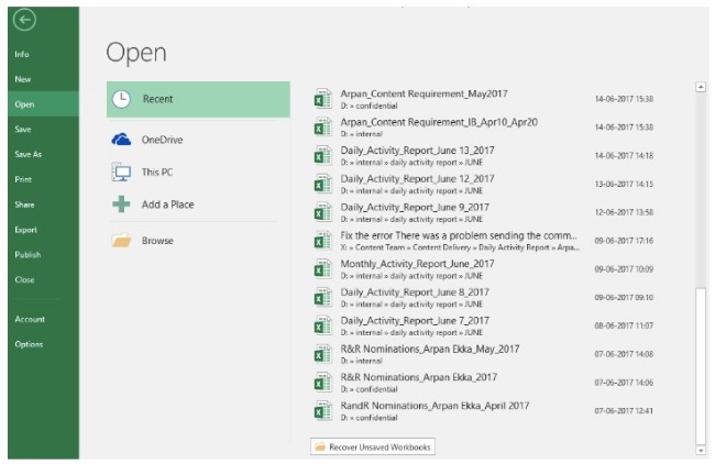 recover unsaved excel via recent file