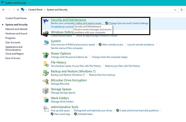 haga clic en Seguridad y mantenimiento