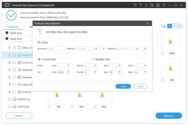 sett filter info