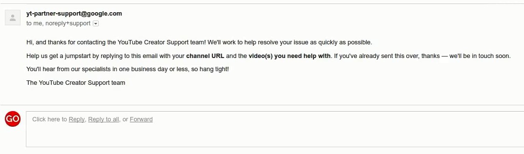youtube email back from youtube