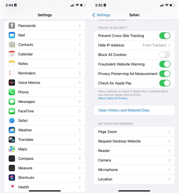 Clearing History Website Data on iPhone Settings App