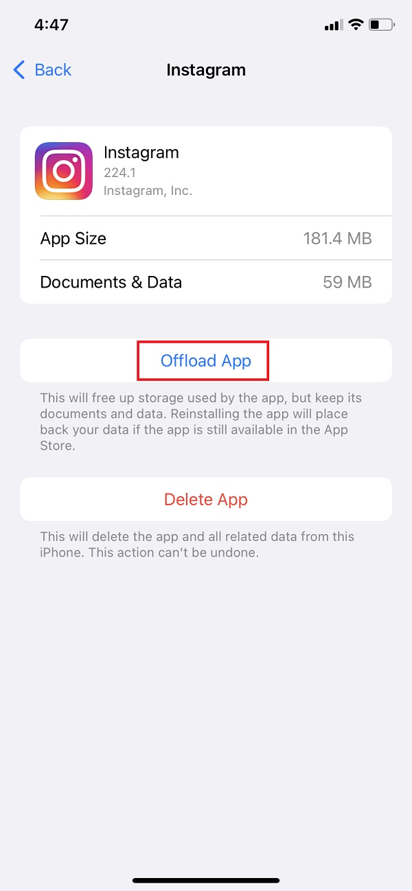 Clear Cache on Instagram iPhone through Offload App