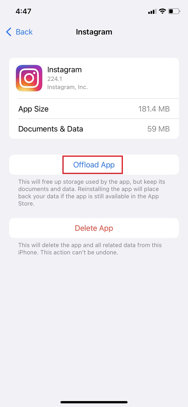 Cache wissen op Instagram iPhone via Offload-app