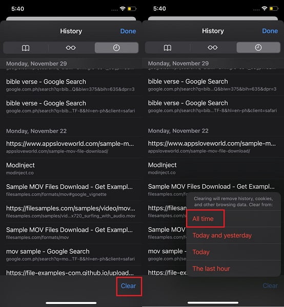 tap All time to clear all history