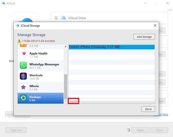 Delete iCloud Backup from PC